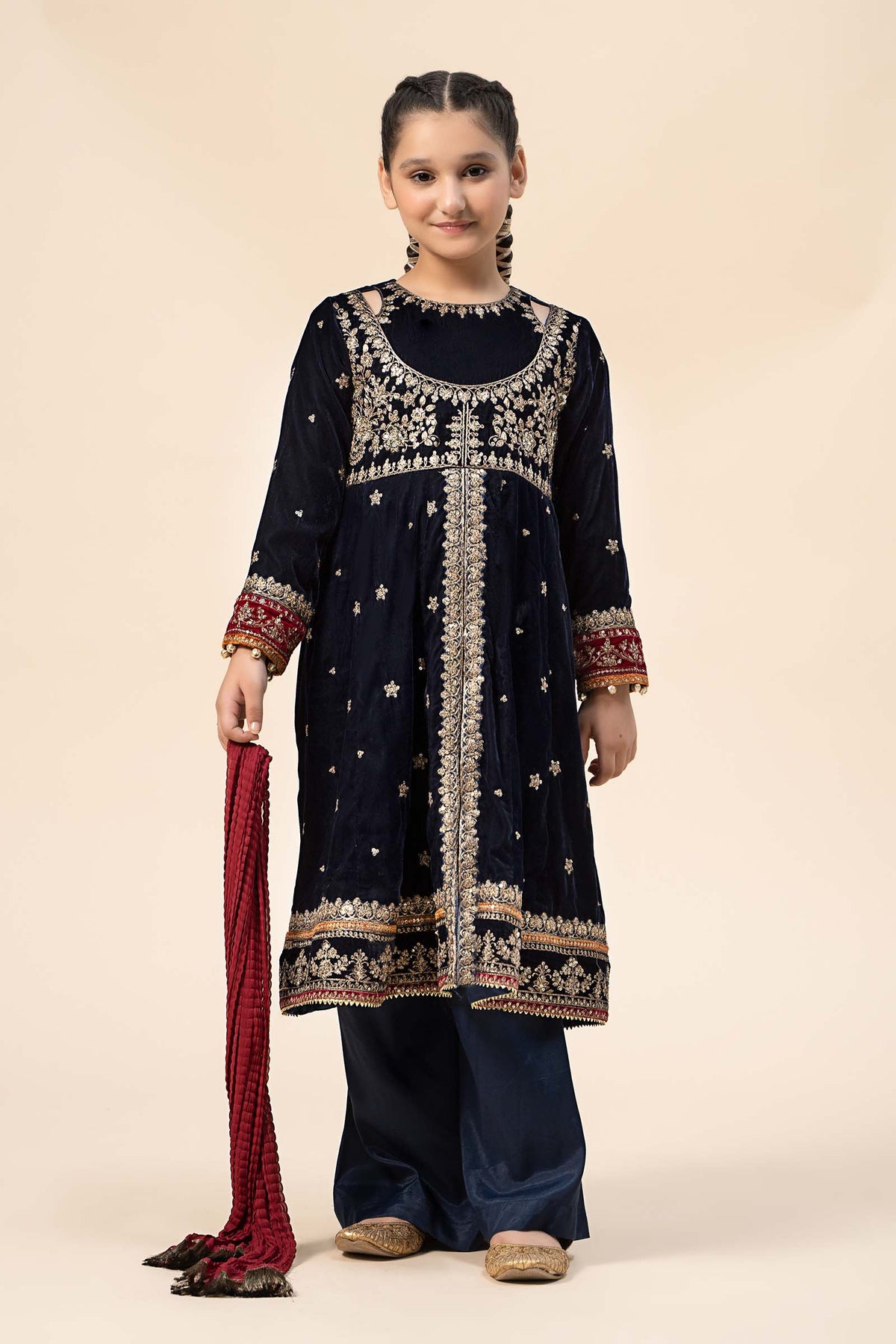 Maria B | 3 Piece Embroidered Velvet Suit | MKS-W24-17 by Maria Faisal - Registered Vendor of : Maria B - type : Kids Clothes - 100% original wedding dresses