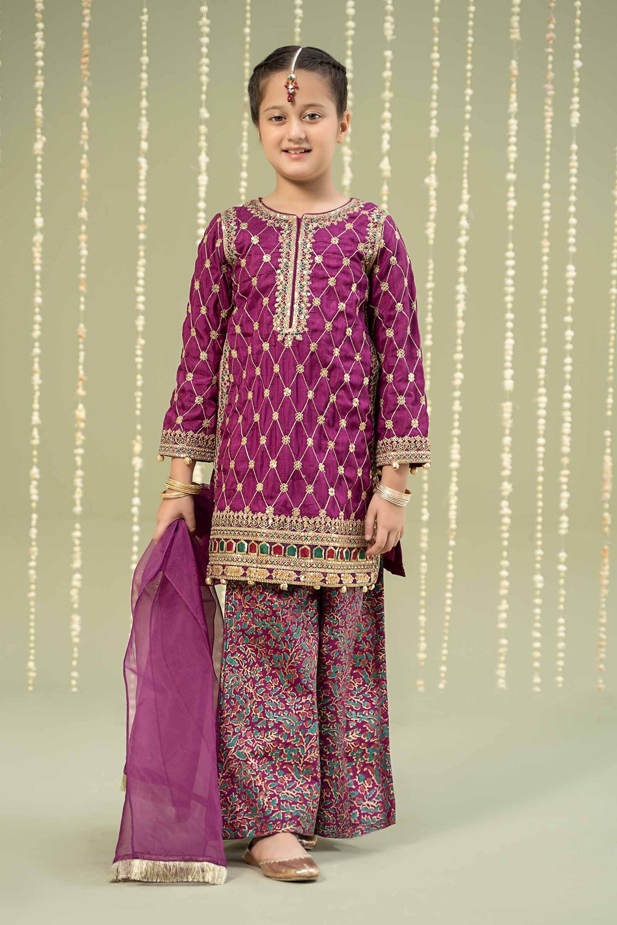 Maria B | 3 Piece Embroidered Raw Silk Suit | MKS-W24-28 by Maria Faisal - Registered Vendor of : Maria B - type : Kids Clothes - 100% original wedding dresses