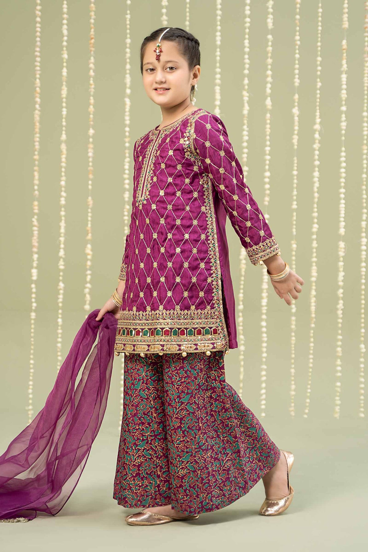 Maria B | 3 Piece Embroidered Raw Silk Suit | MKS-W24-28 by Maria Faisal - Registered Vendor of : Maria B - type : Kids Clothes - 100% original wedding dresses