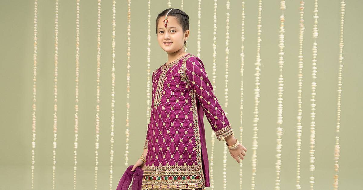 Maria B | 3 Piece Embroidered Raw Silk Suit | MKS-W24-28 by Maria Faisal - Registered Vendor of : Maria B - type : Kids Clothes - 100% original wedding dresses