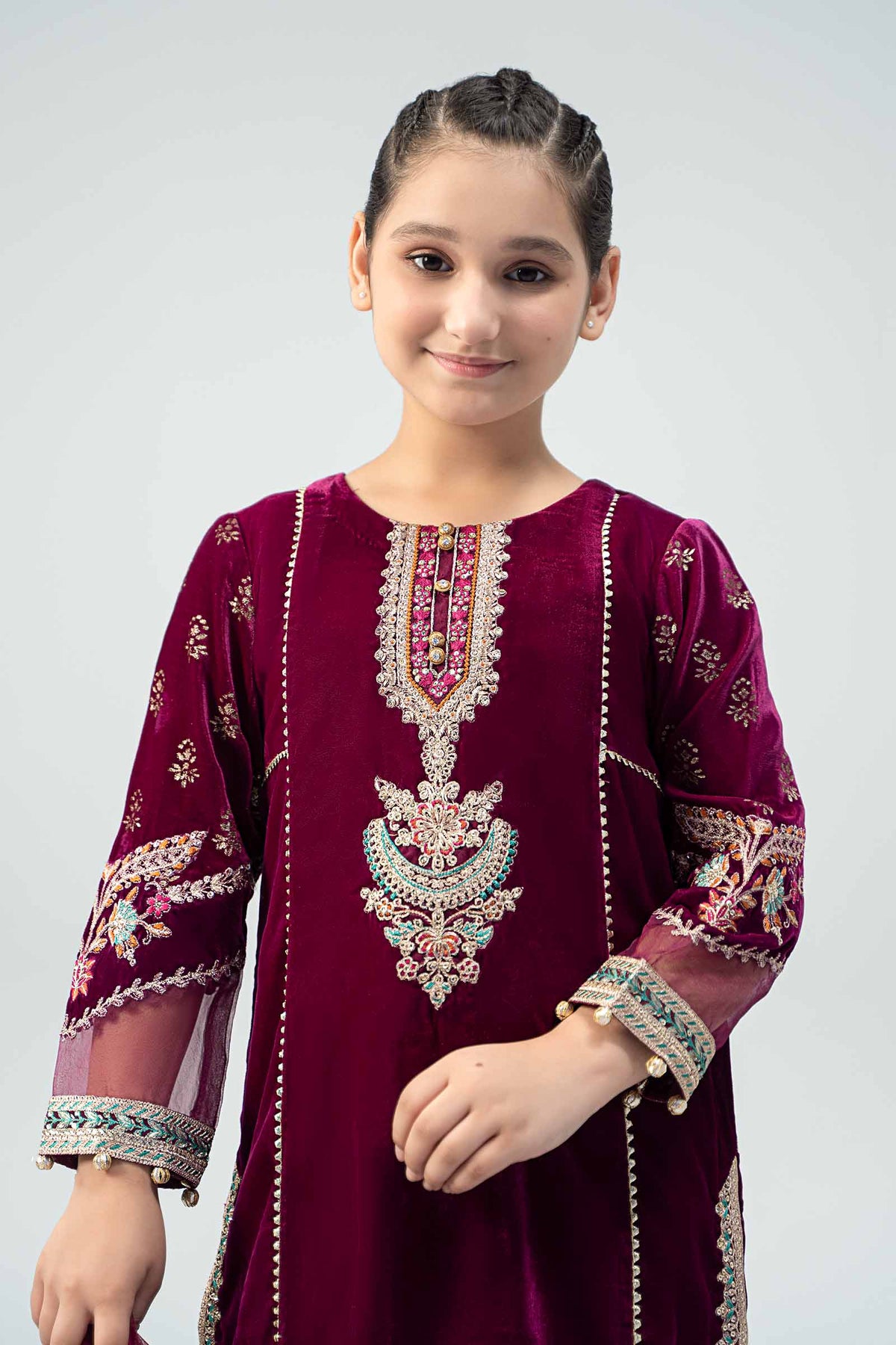 Maria B | 3 Piece Embroidered Velvet Suit | MKS-W24-32 by Maria Faisal - Registered Vendor of : Maria B - type : Kids Clothes - 100% original wedding dresses
