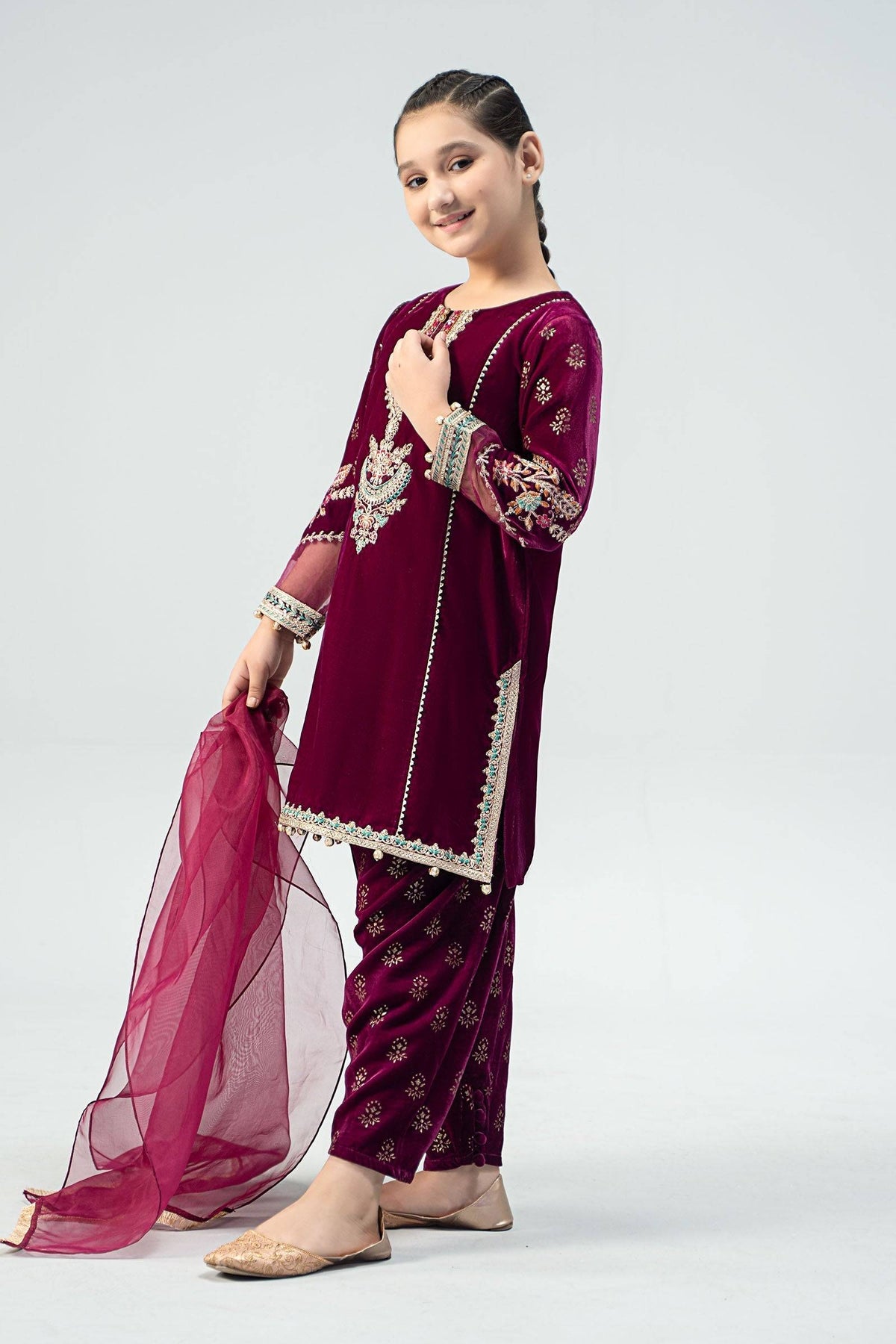 Maria B | 3 Piece Embroidered Velvet Suit | MKS-W24-32 by Maria Faisal - Registered Vendor of : Maria B - type : Kids Clothes - 100% original wedding dresses