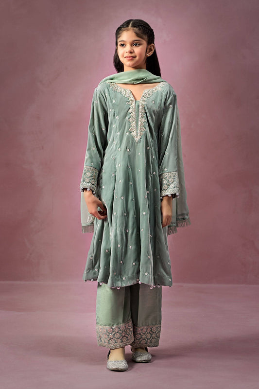 Maria B | 3 Piece Embroidered Velvet Suit | MKS-W24-38 by Maria Faisal - Registered Vendor of : Maria B - type : Kids Clothes - 100% original wedding dresses