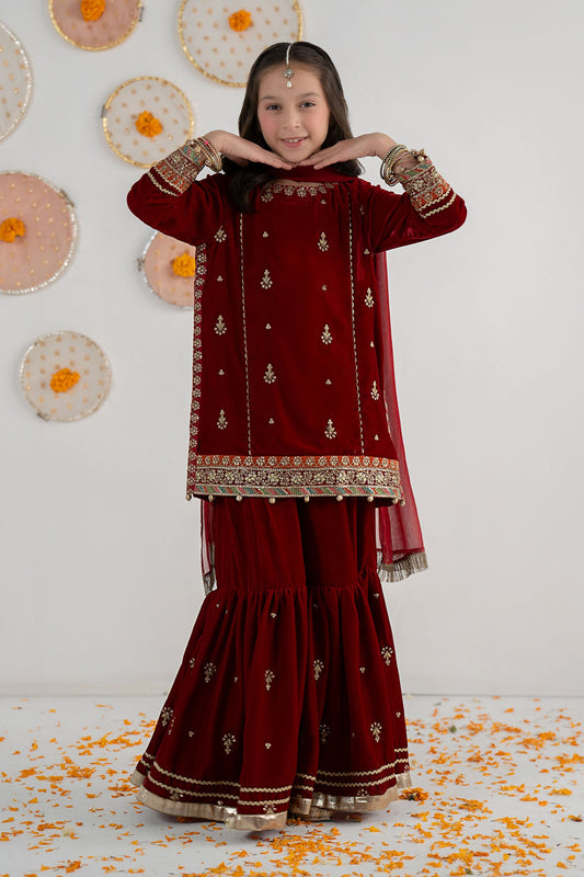 3 Piece Embroidered Velvet Suit - Festive Pakistani Kids Dresses - available at Maria Faisal in UK and USA