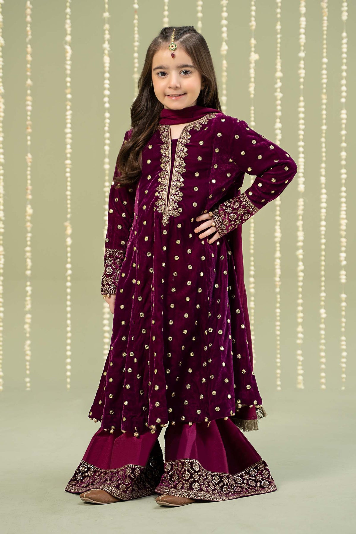 Maria B | 3 Piece Embroidered Velvet Suit | MKS-W24-38 by Maria Faisal - Registered Vendor of : Maria B - type : Kids Clothes - 100% original wedding dresses