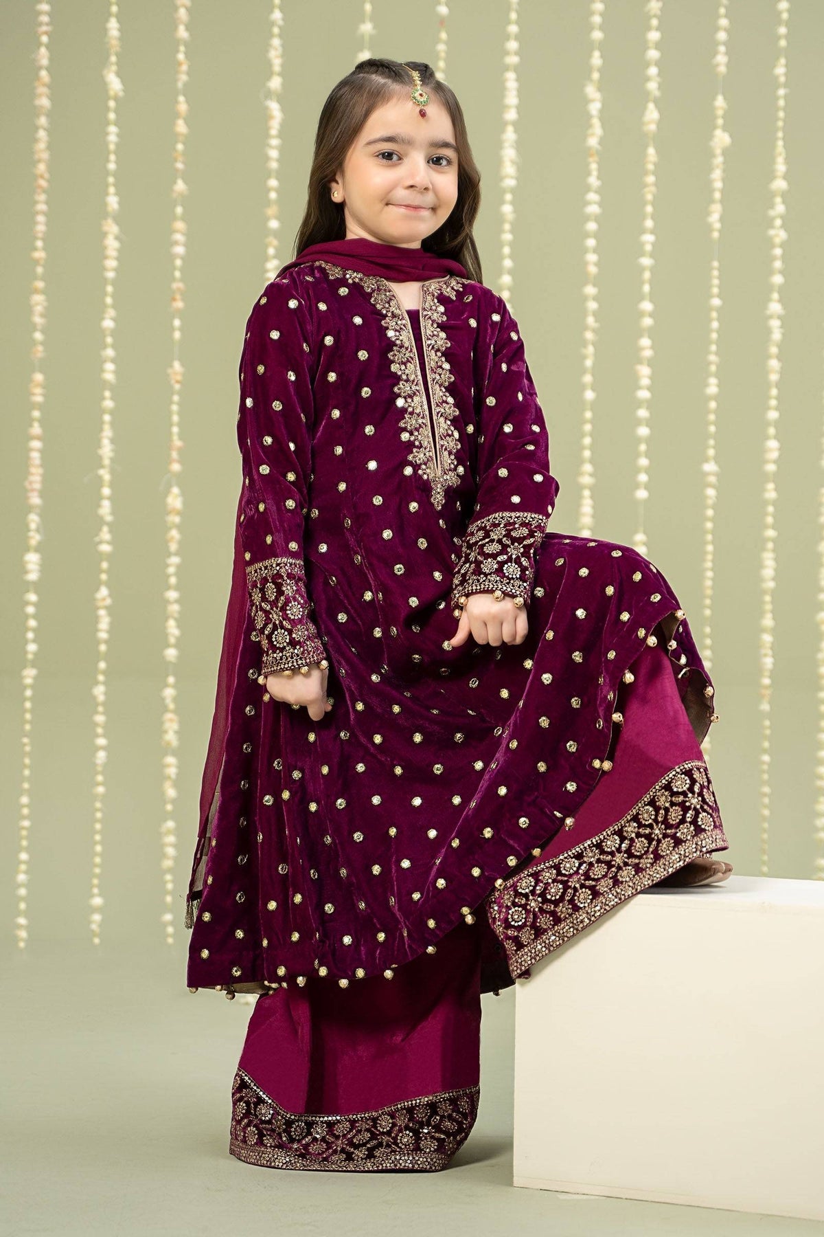 Maria B | 3 Piece Embroidered Velvet Suit | MKS-W24-38 by Maria Faisal - Registered Vendor of : Maria B - type : Kids Clothes - 100% original wedding dresses