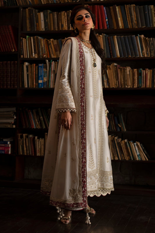 White Gold Embroidery Tussar Silk A-line kurta with culottes - Saad Bin Shahzad | Silk'25 | ZYRA - Festive Dress - available at Maria Faisal in UK and USA.