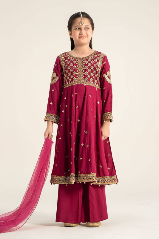 Maria B | 3 Piece Embroidered Linen Suit | MKD-W24-18 by Maria Faisal - Registered Vendor of : Maria B - type : Kids Clothes - 100% original wedding dresses