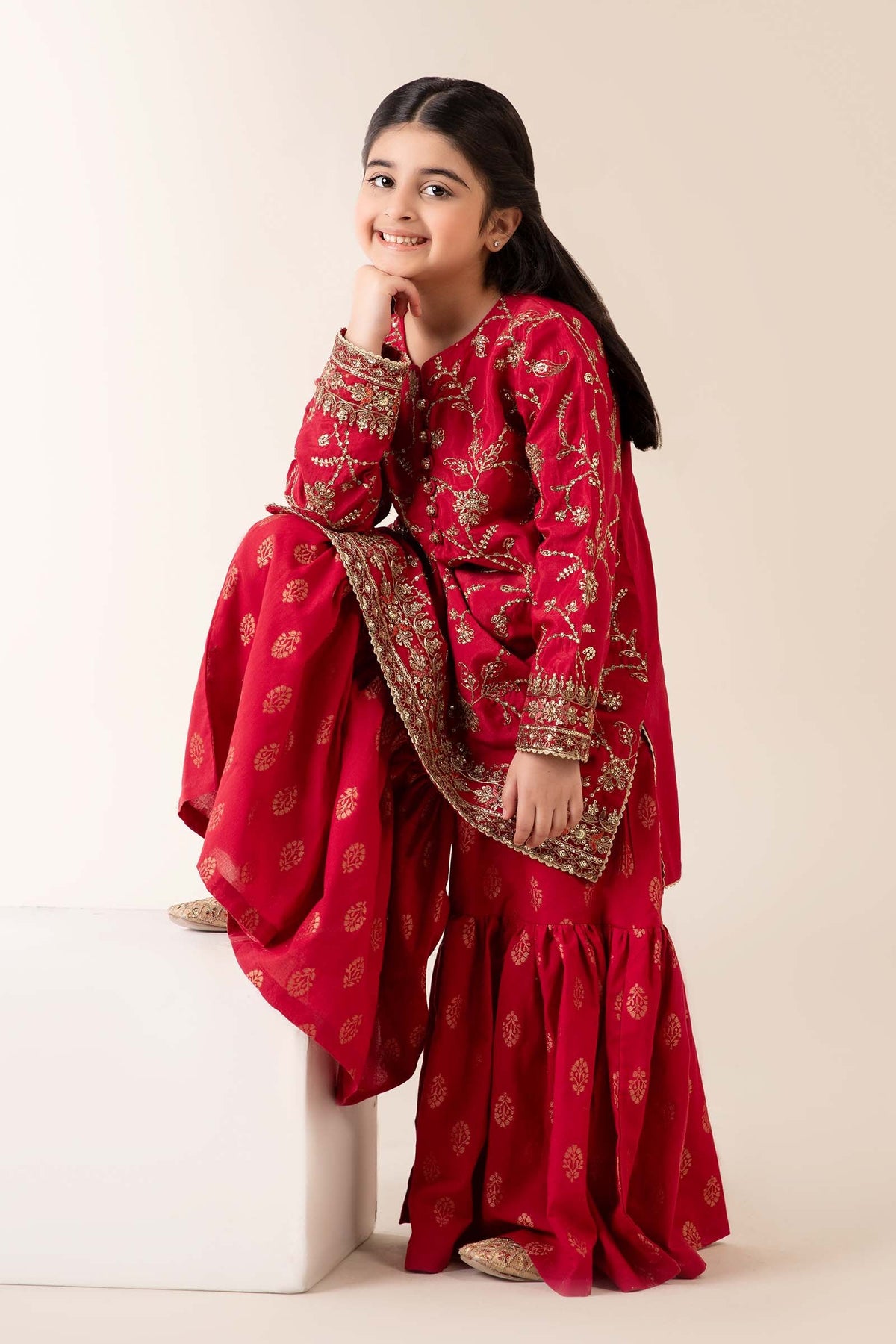 3 Piece Embroidered Raw Silk Suit - Kids Clothes - available at Maria Faisal in UK and USA
