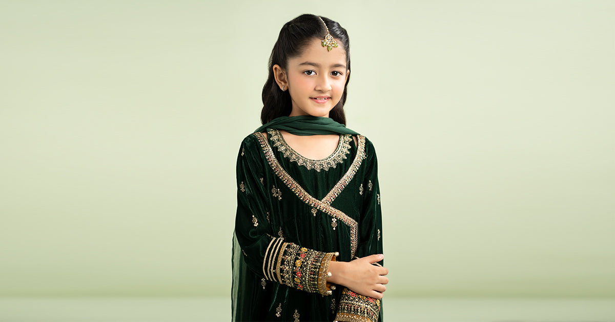 3 Piece Embroidered Velvet Suit - Kids Clothing - available at Maria Faisal in UK and USA.