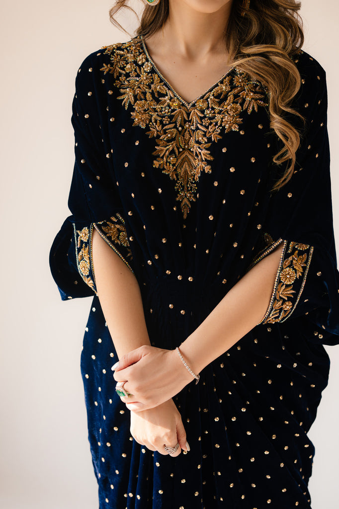 Sammy K | Velvet Festive Edit | Navy Blue Caftan - Ladies Clothes - Maria Faisal