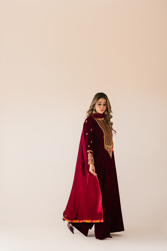 Sammy K | Velvet Festive Edit | Maroon Maxi velvet Outfit - Ladies Clothes - Maria Faisal