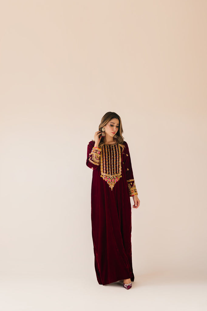 Sammy K | Velvet Festive Edit | Maroon Maxi velvet Outfit - Ladies Clothes - Maria Faisal