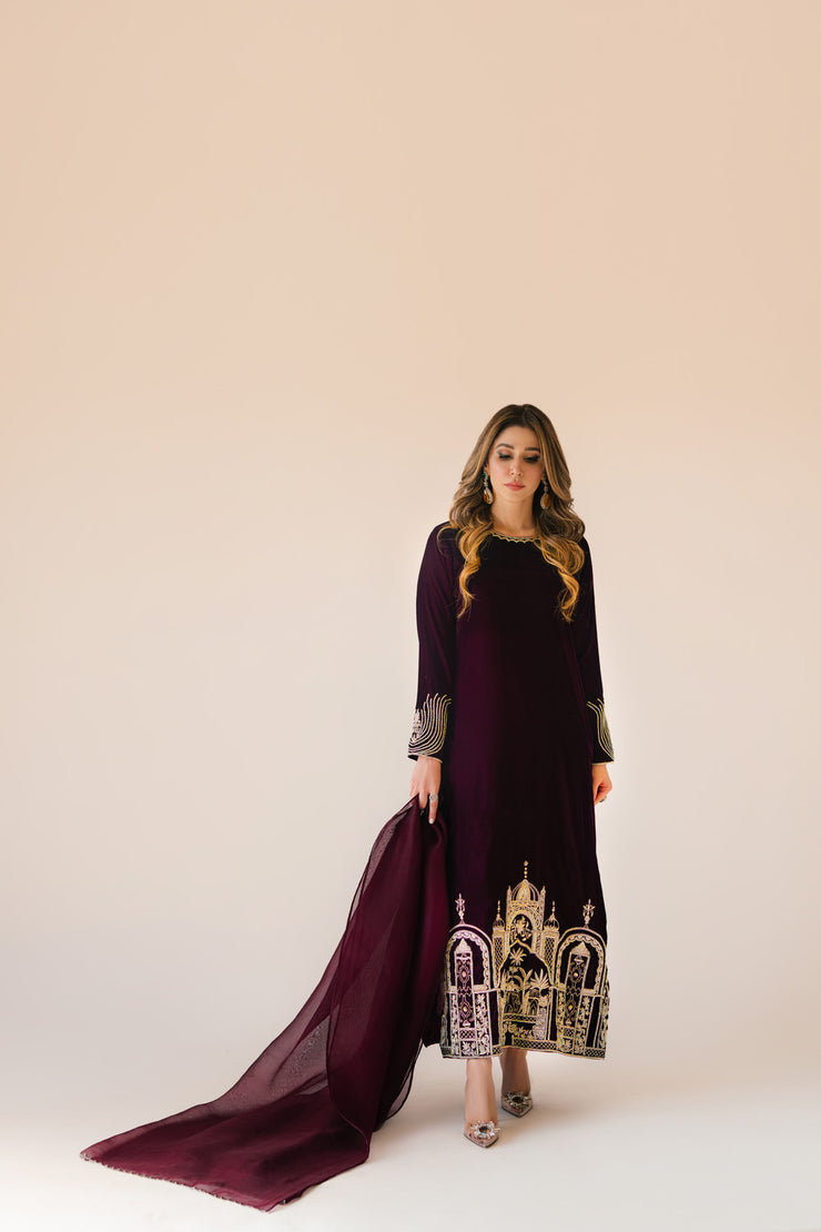 Sammy K | Velvet Festive Edit | Burgundy velvet monument outfit - Ladies Clothes - Maria Faisal