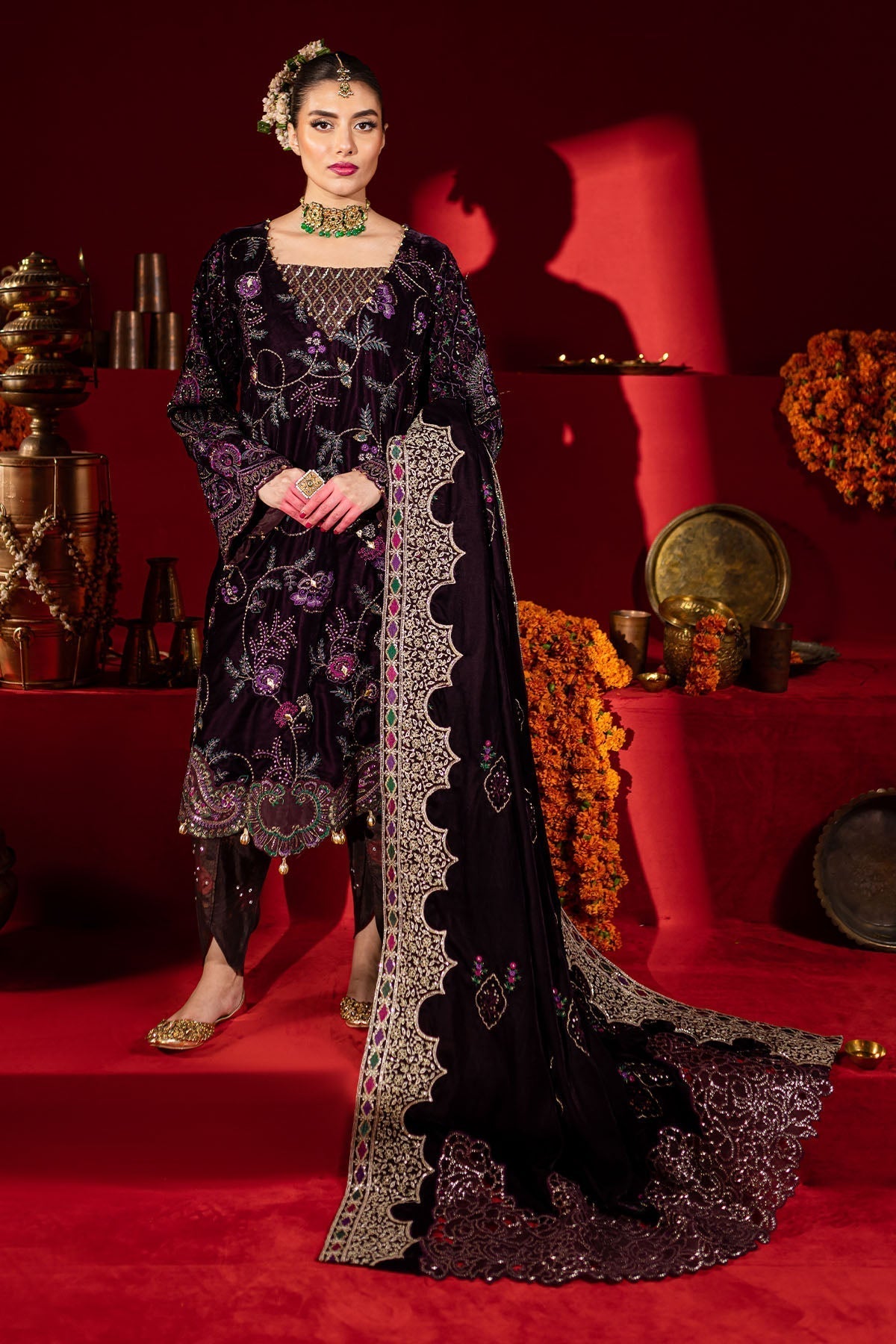 Nureh | Maya Velvet |  NW-91 - Designer Dress with Intricate embroidery and embellishments. Shop elegent wedding dress at Maria Faisal.