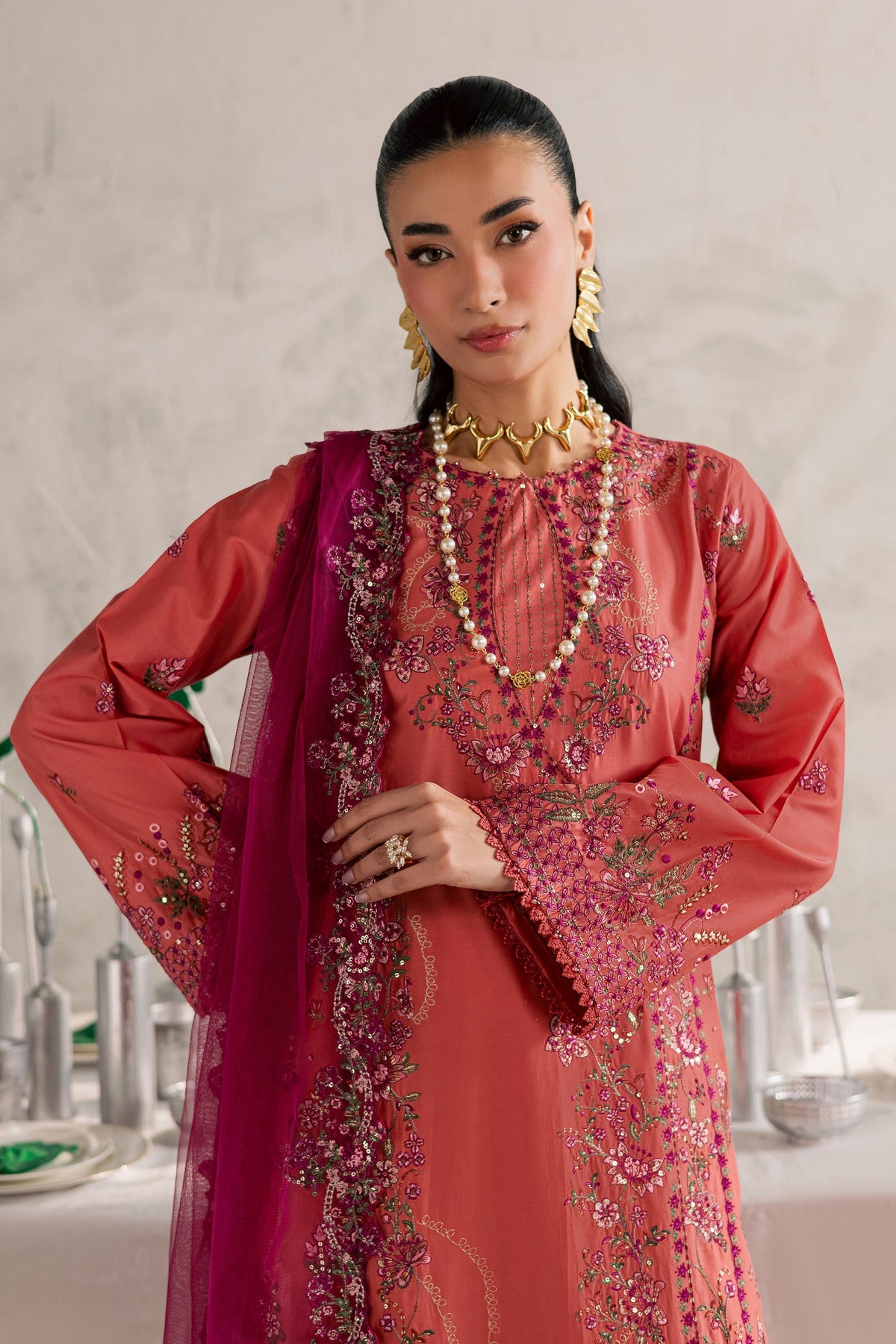 Batik | Festive Eid 26 | Rust Nazneen - Luxury Dress - available at Maria Faisal in UK and USA.