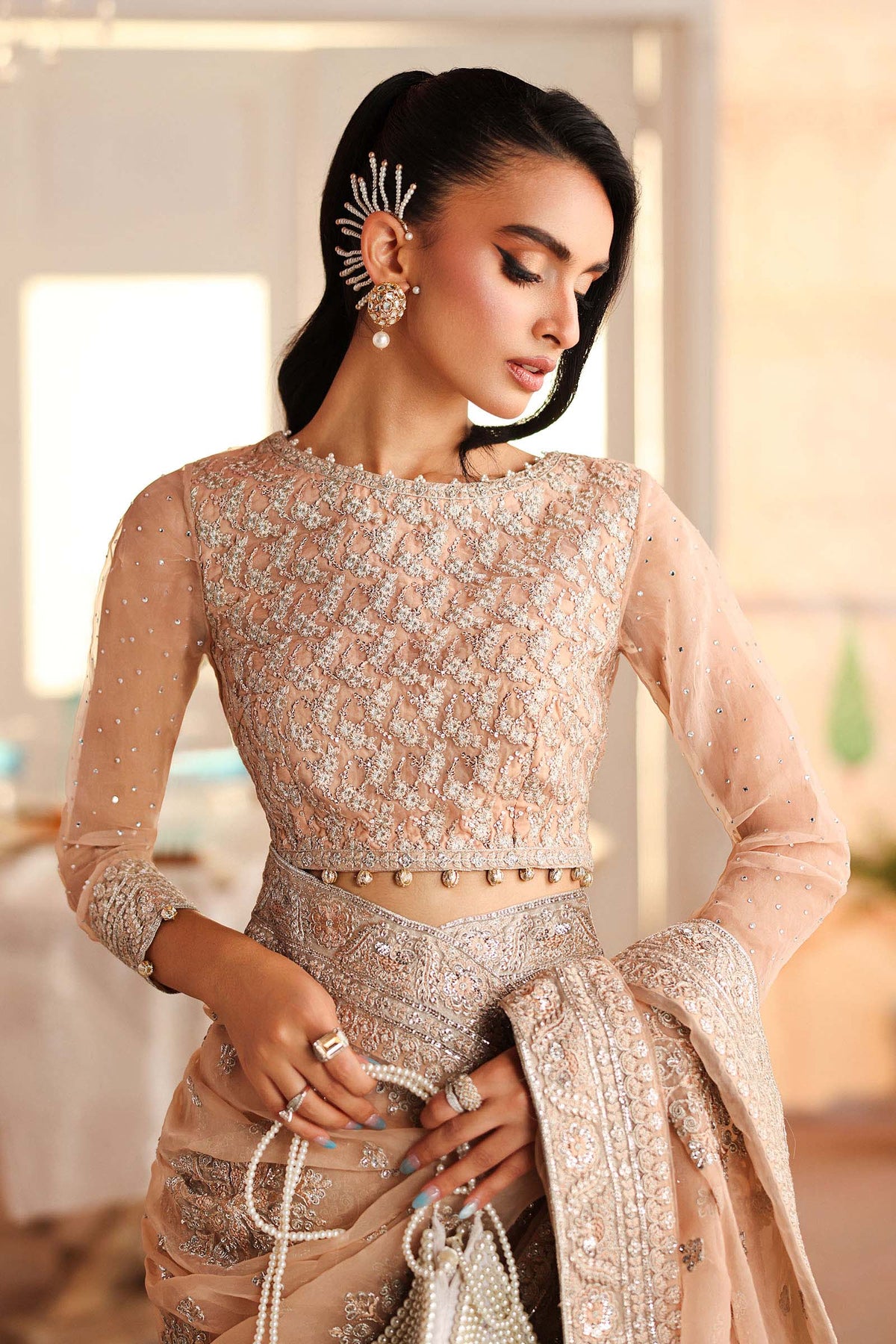 Maria B | Pre Fall Dresses | Embroidered Organza Saree Peach - Ladies Clothes - Maria Faisal