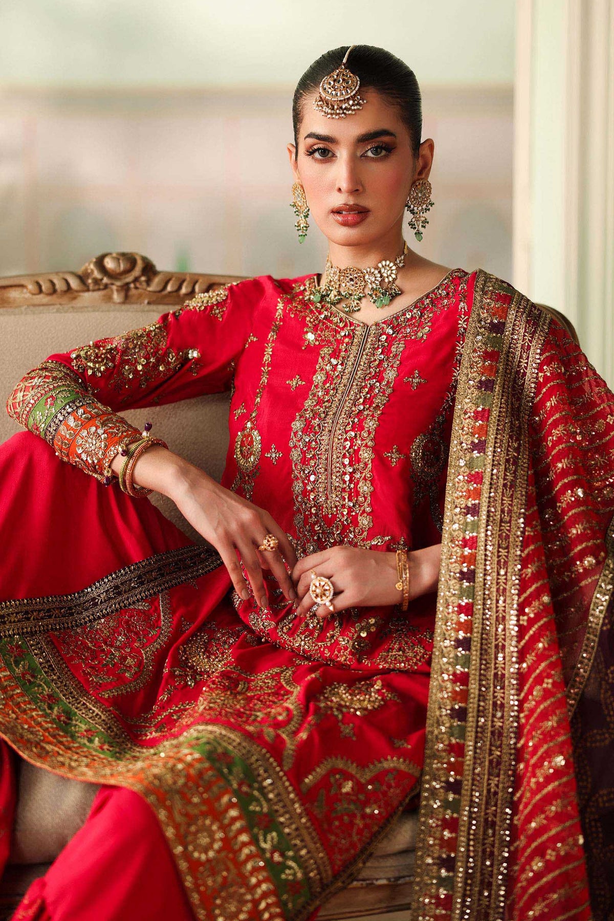 Maria B | Pre Fall Dresses | 3 Piece Embroidered Bamber Raw Silk Suit Carrot Pink - Ladies Clothes - Maria Faisal