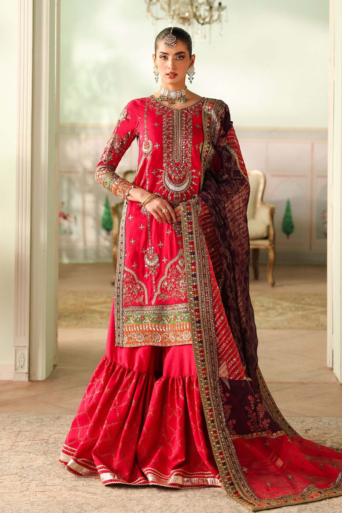 Maria B | Pre Fall Dresses | 3 Piece Embroidered Bamber Raw Silk Suit Carrot Pink - Ladies Clothes - Maria Faisal
