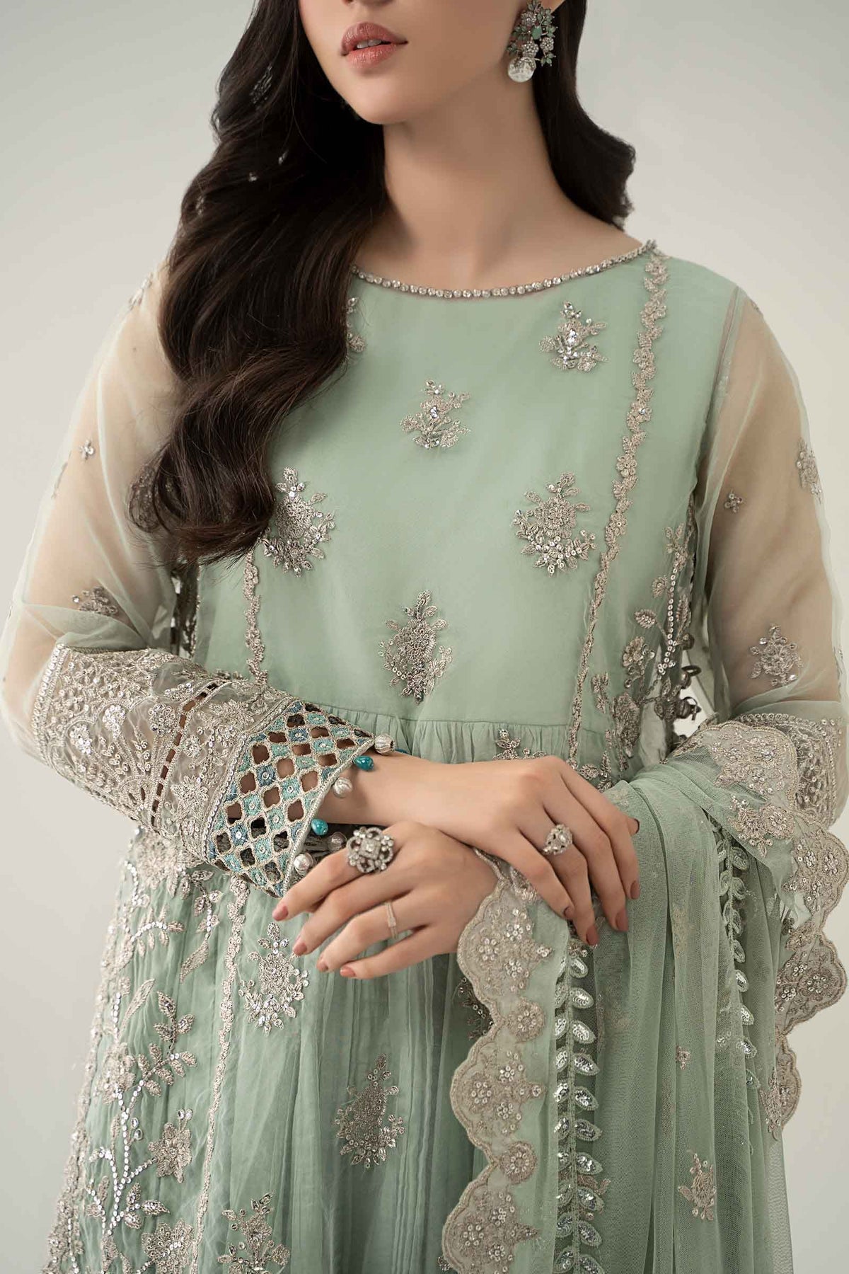 Maria B | Pre Fall Dresses | 3 Piece Embroidered Organza Suit Sea Green - Ladies Clothes - Maria Faisal
