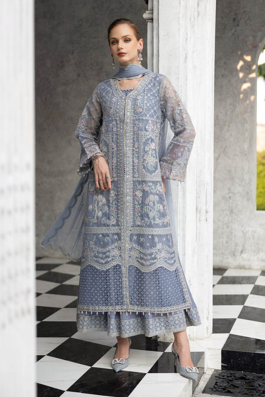  Model Wearing Dusty Blue Long Open Shirt - Maria B | Modern Archives | 3 Piece Embroidered Organza Suit - Ladies Clothes - Maria Faisal