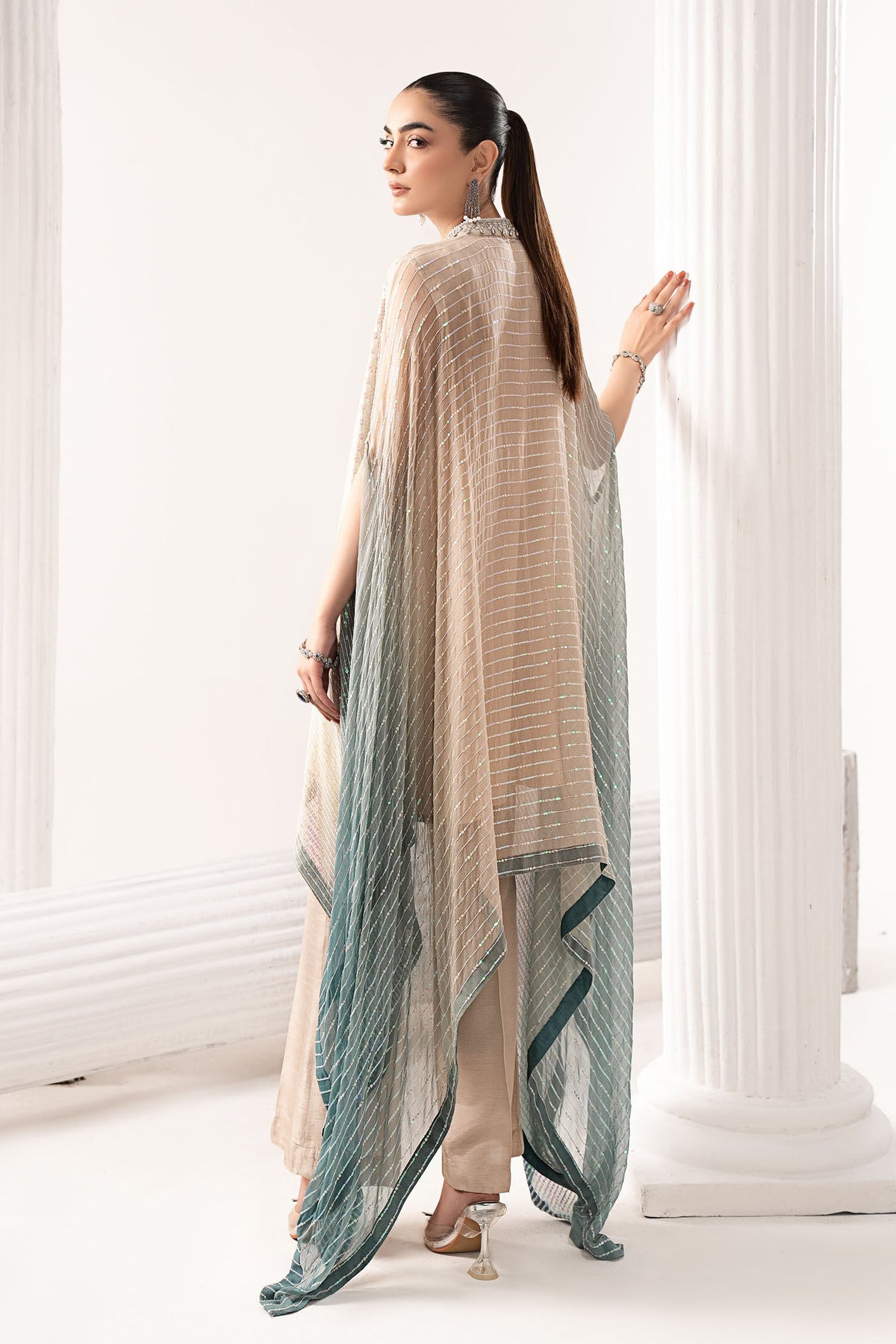 Maria B | Luxury Formals | SF-EF26-11-Beige and Green - Formal Dress - available at Maria Faisal in UK and USA.