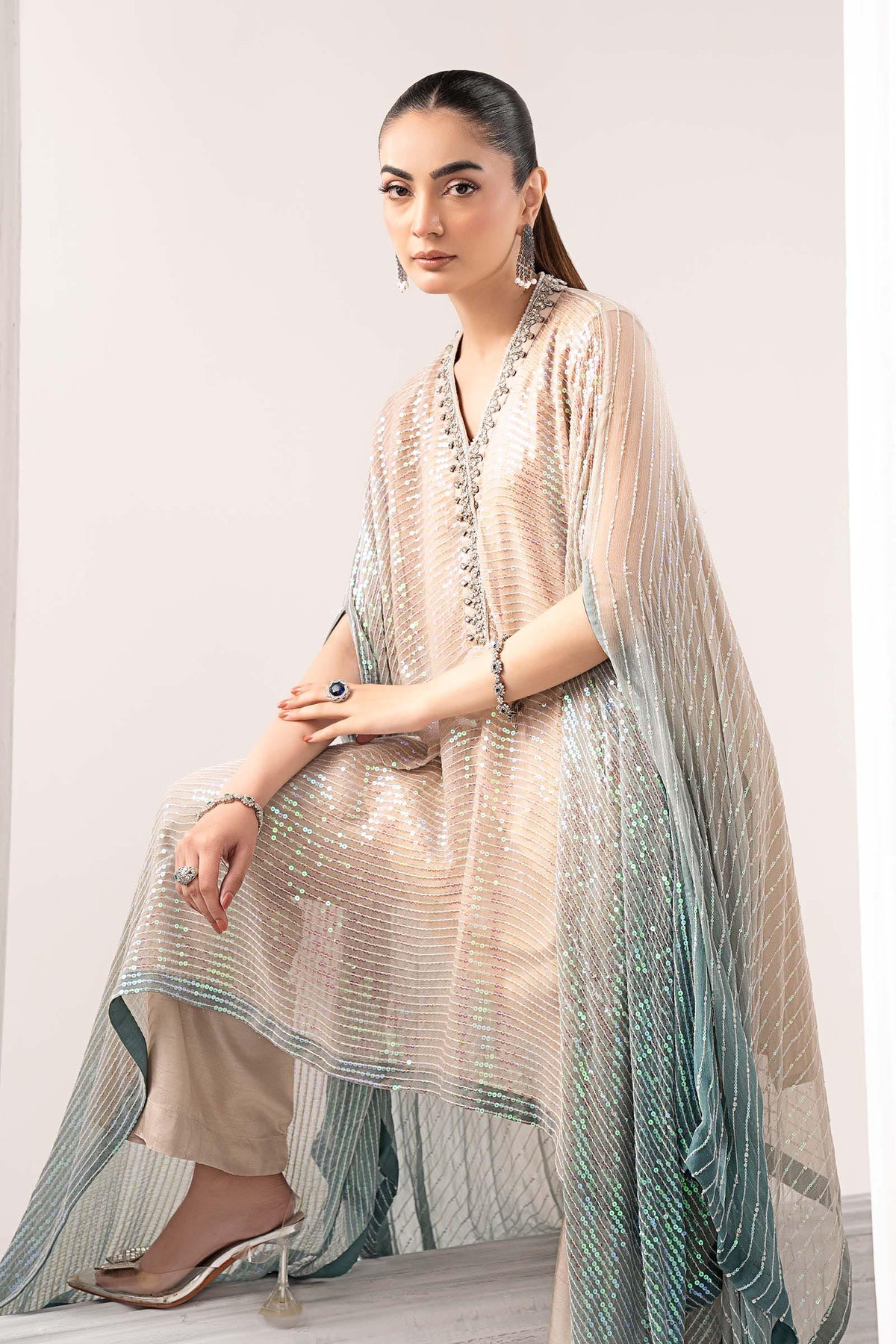 Maria B | Luxury Formals | SF-EF26-11-Beige and Green - Formal Dress - available at Maria Faisal in UK and USA.