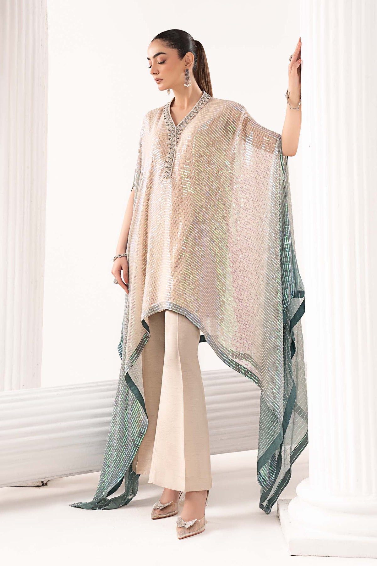 Maria B | Luxury Formals | SF-EF26-11-Beige and Green - Formal Dress - available at Maria Faisal in UK and USA.