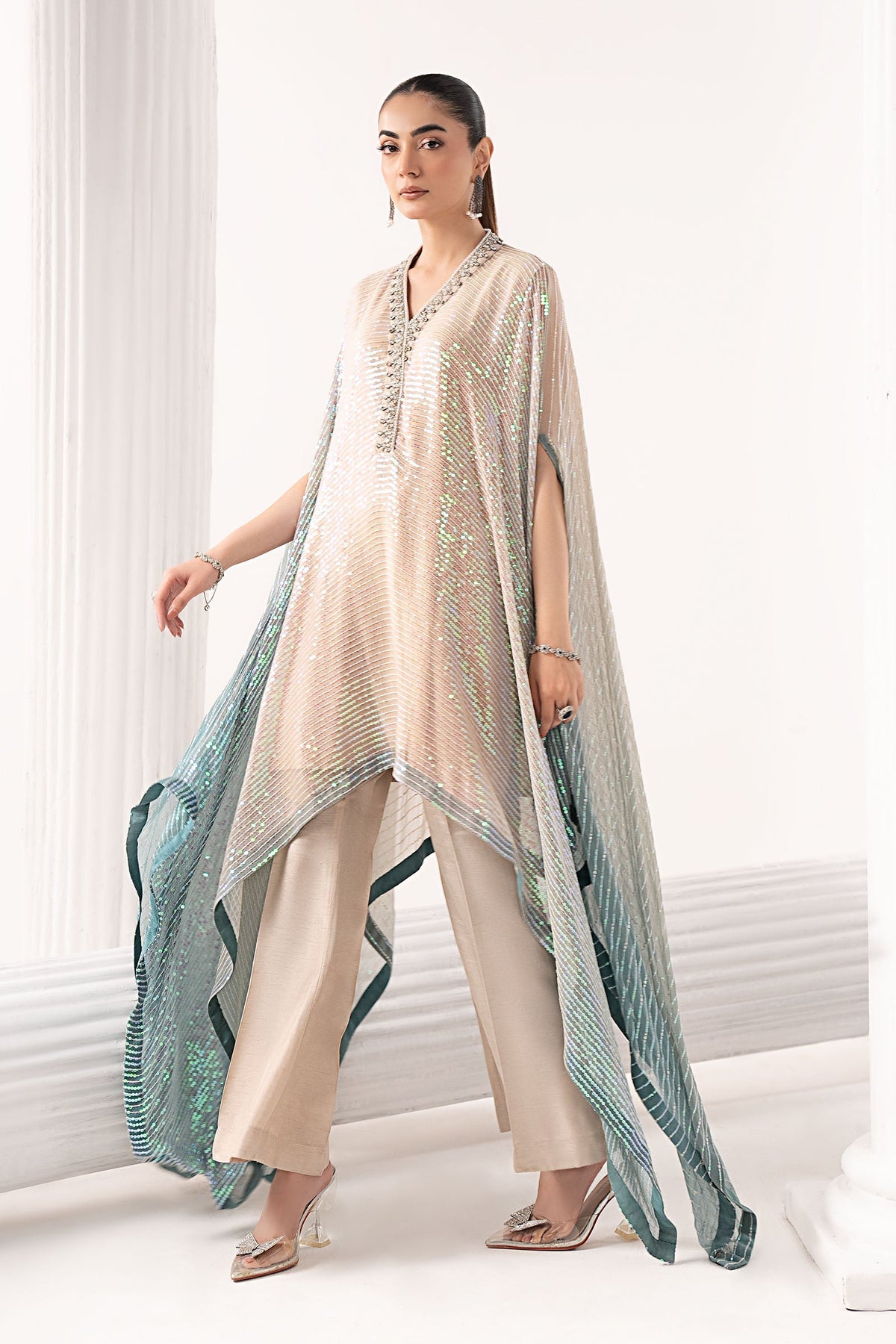 Maria B | Luxury Formals | SF-EF26-11-Beige and Green - Formal Dress - available at Maria Faisal in UK and USA.