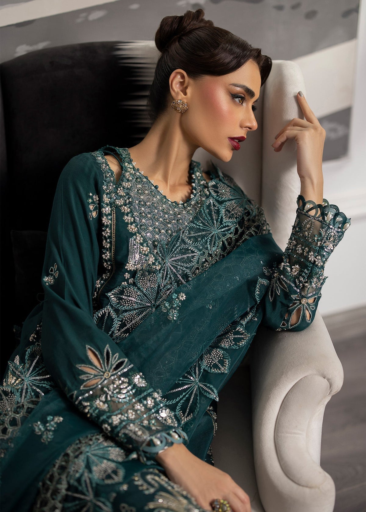 Sardinia | La More 24 | Emerald Night - Designer Dress with Intricate embroidery and embellishments. Shop elegent wedding dress at Maria Faisal.