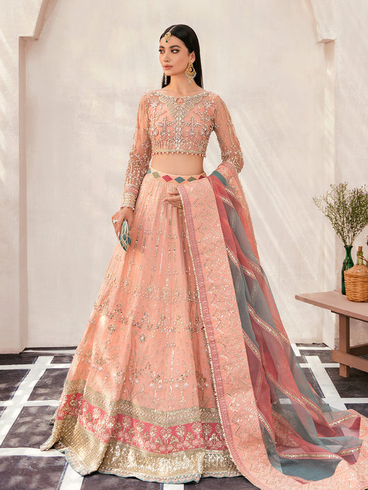 Gulaal | Wedding Formals | AFREEN GL-WS-22V1-29 (PEACH LEHNGA CHOLI) - Designer Dress with Intricate embroidery and embellishments. Shop elegent wedding dress at Maria Faisal.