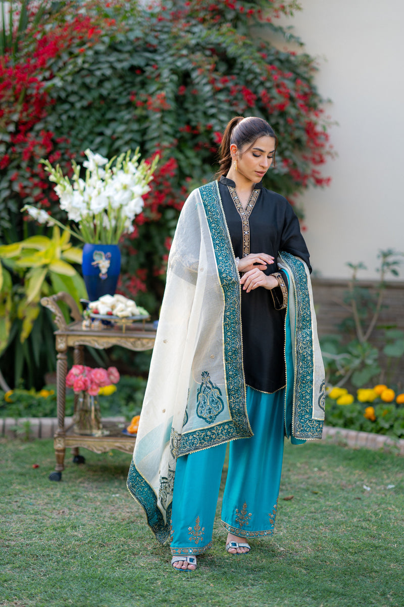 Wahaj M Khan | Pari Collection | Black Turquoise Pari Outfit - Ladies Clothes - Maria Faisal
