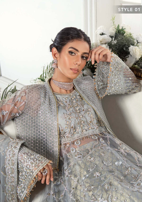 Aik Atelier Wedding Festive 22 LOOK 07 – Grey Designer Dress with intricate embroidery and embellishments. Shop wedding dresses at Maria Faisal.