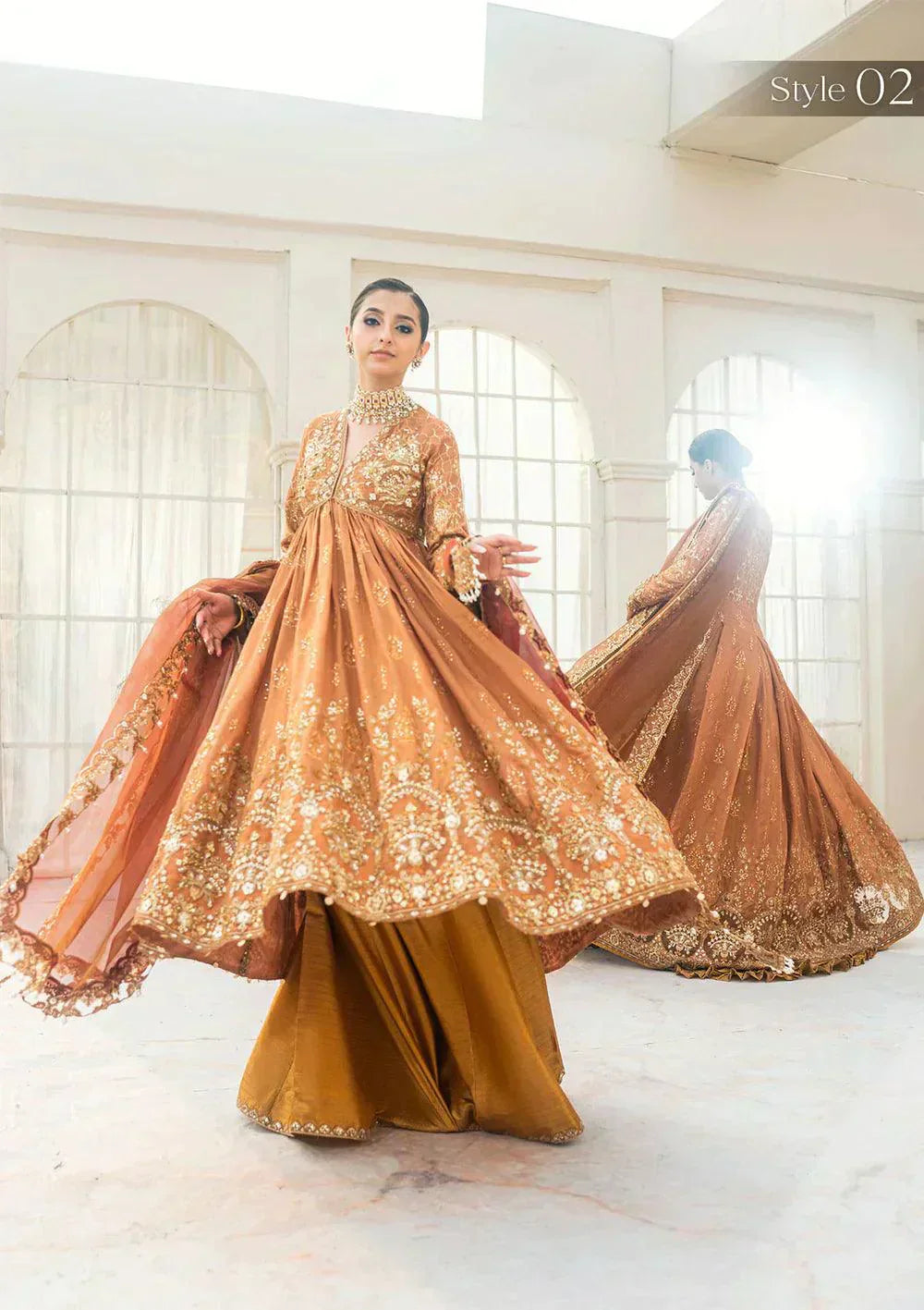 Aik Atelier Wedding Festive 23 LOOK 02 – Rust Designer Dress with intricate embroidery and embellishments. Shop elegant Wedding dress at Maria Faisal.