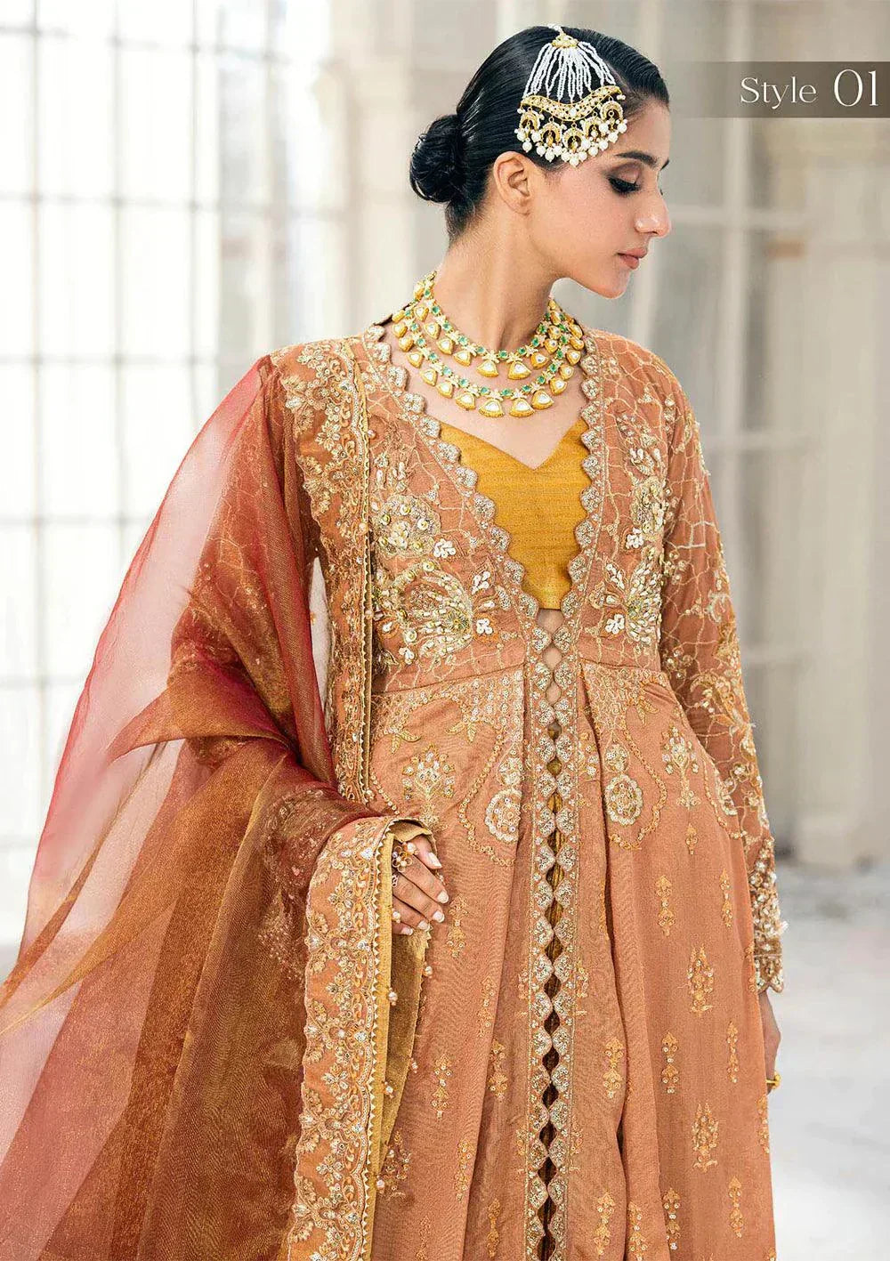 Aik Atelier Wedding Festive 23 LOOK 02 – Rust Designer Dress with intricate embroidery and embellishments. Shop elegant Wedding dress at Maria Faisal.