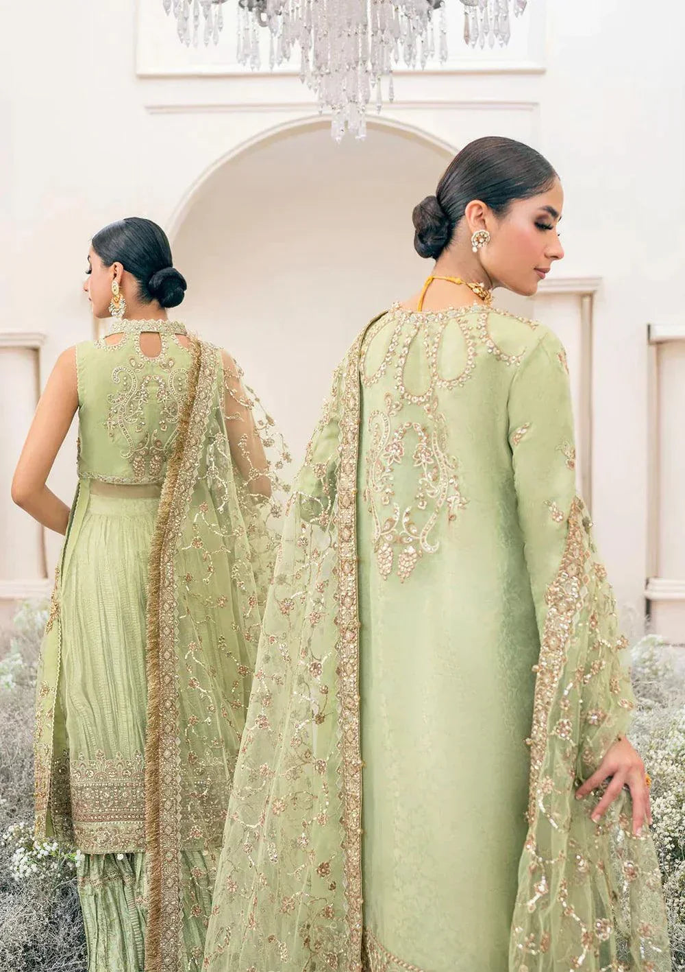 Aik Atelier Wedding Festive 23 LOOK 03 – Light Green Designer Dress with intricate embroidery and embellishments. Shop elegant Wedding dress at Maria Faisal.