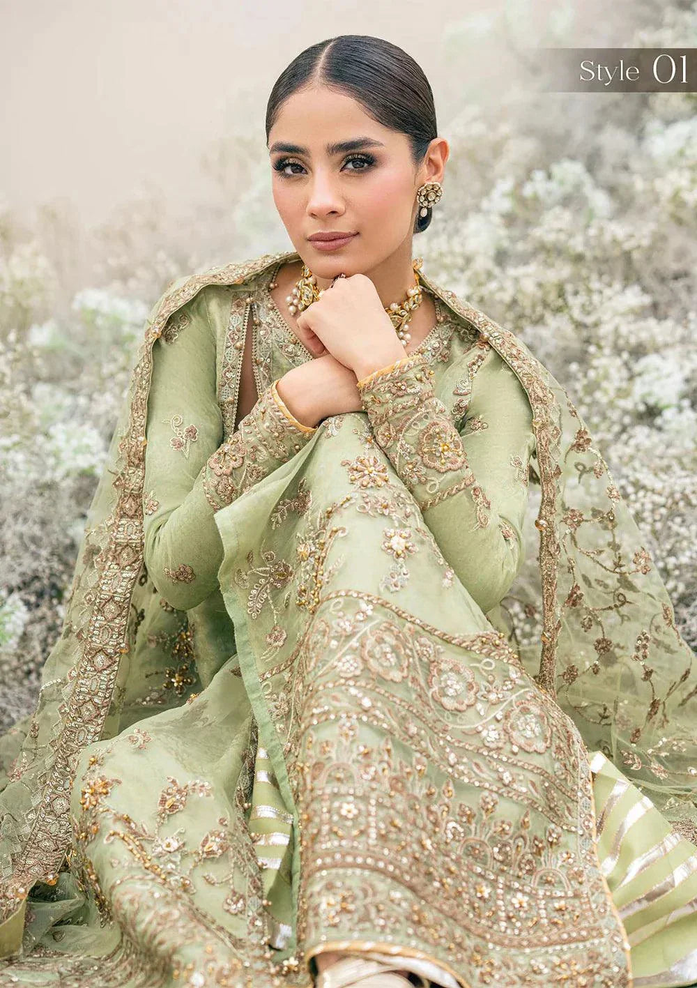 Aik Atelier Wedding Festive 23 LOOK 03 – Light Green Designer Dress with intricate embroidery and embellishments. Shop elegant Wedding dress at Maria Faisal.