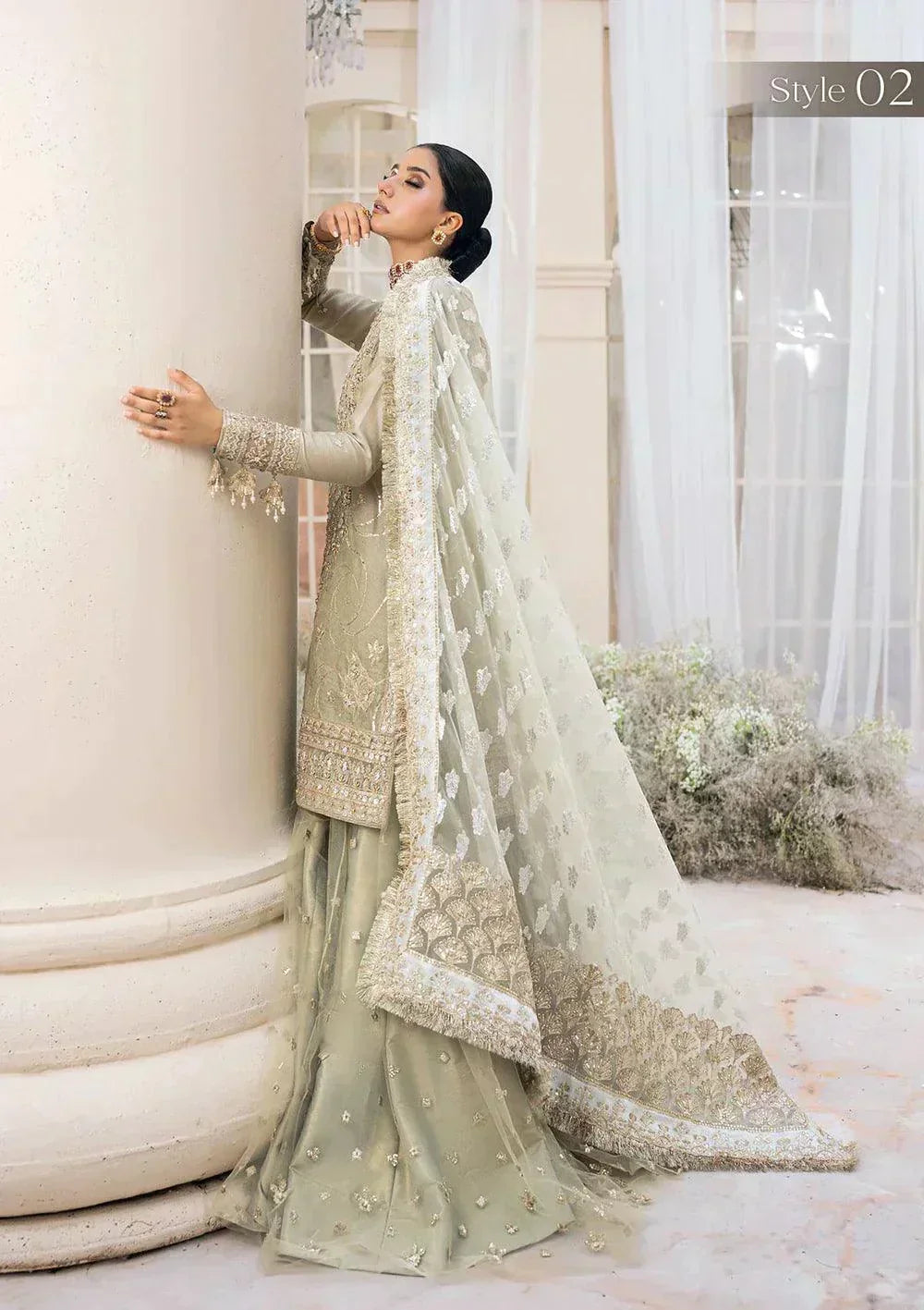 Aik Atelier Wedding Festive 23 LOOK 04 – Light Grey Designer Dress with intricate embroidery and embellishments. Shop elegant Wedding dress at Maria Faisal.