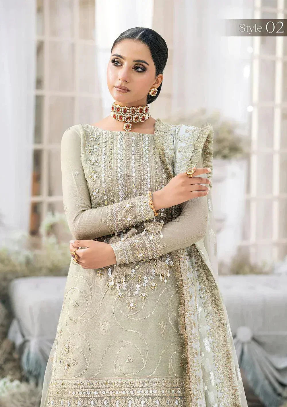 Aik Atelier Wedding Festive 23 LOOK 04 – Light Grey Designer Dress with intricate embroidery and embellishments. Shop elegant Wedding dress at Maria Faisal.