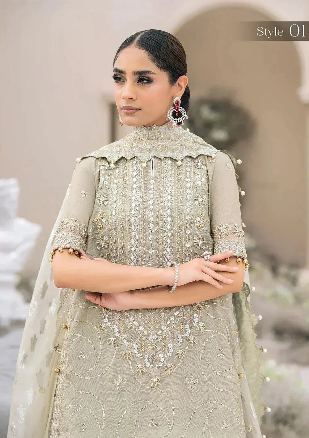 Aik Atelier Wedding Festive 23 LOOK 04 – Light Grey Designer Dress with intricate embroidery and embellishments. Shop elegant Wedding dress at Maria Faisal.
