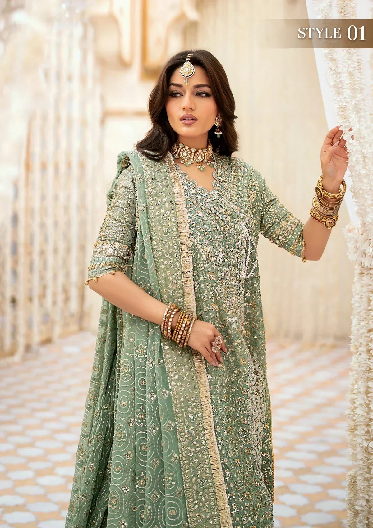 Aik Atelier Wedding Festive 24 LOOK 05 – Mint Green Designer Dress with intricate embroidery and embellishments. Shop wedding dresses at Maria Faisal.