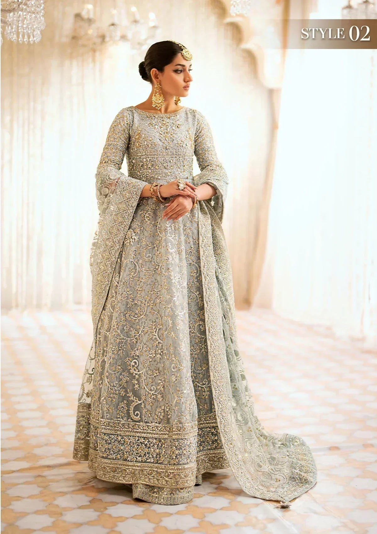 Aik Atelier Wedding Festive 24 LOOK 03 – Ice Blue Designer Dress with intricate embroidery and embellishments. Shop wedding dresses at Maria Faisal.