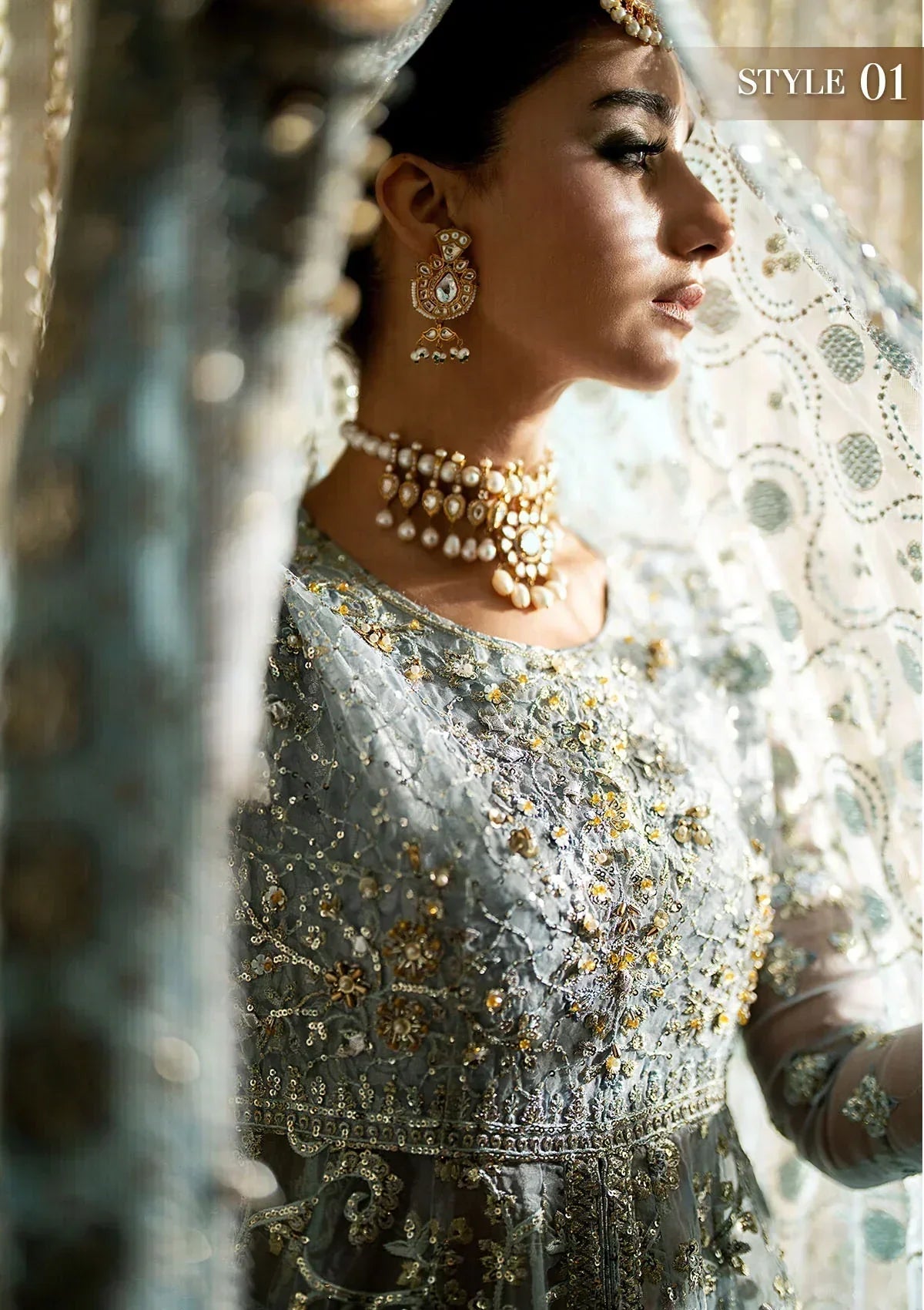 Aik Atelier Wedding Festive 24 LOOK 03 – Ice Blue Designer Dress with intricate embroidery and embellishments. Shop wedding dresses at Maria Faisal.