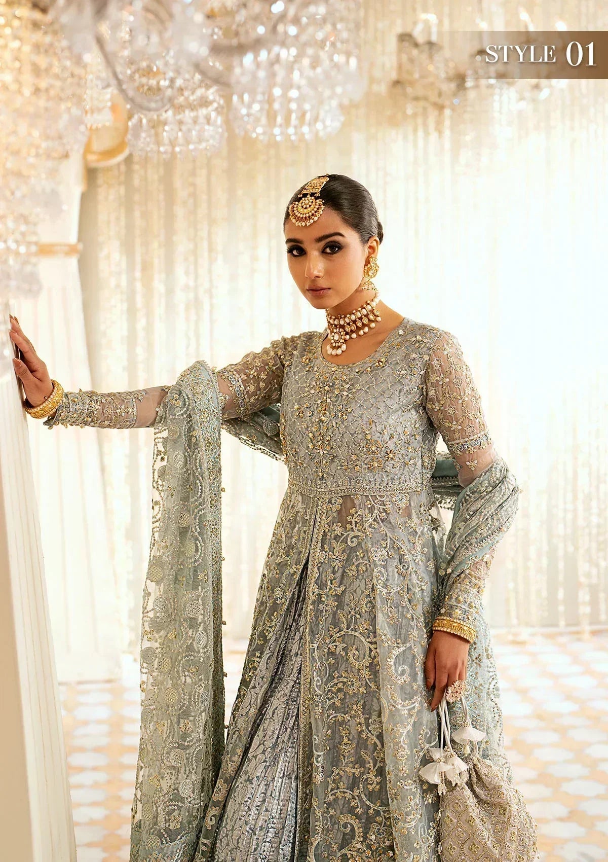 Aik Atelier Wedding Festive 24 LOOK 03 – Ice Blue Designer Dress with intricate embroidery and embellishments. Shop wedding dresses at Maria Faisal.
