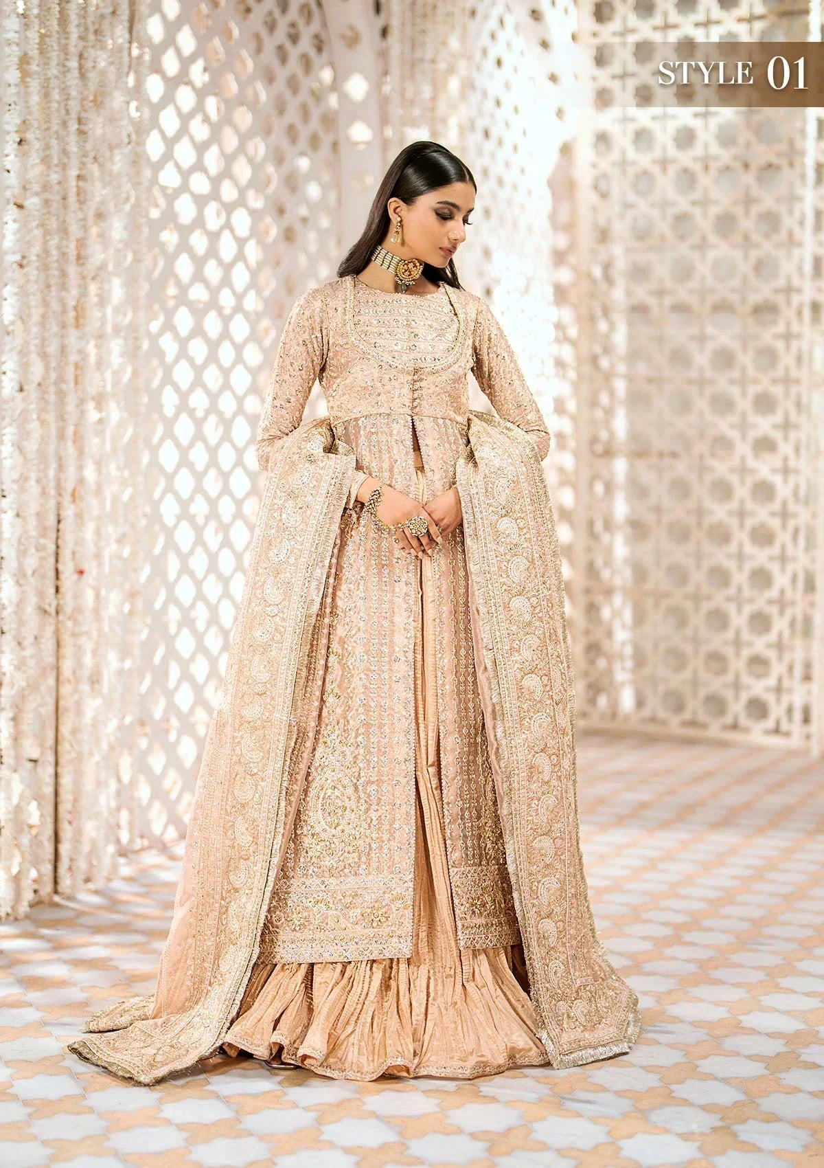 Aik Atelier Wedding Festive 24 LOOK 06 – Beige Designer Dress with intricate embroidery and embellishments. Shop wedding dresses at Maria Faisal.