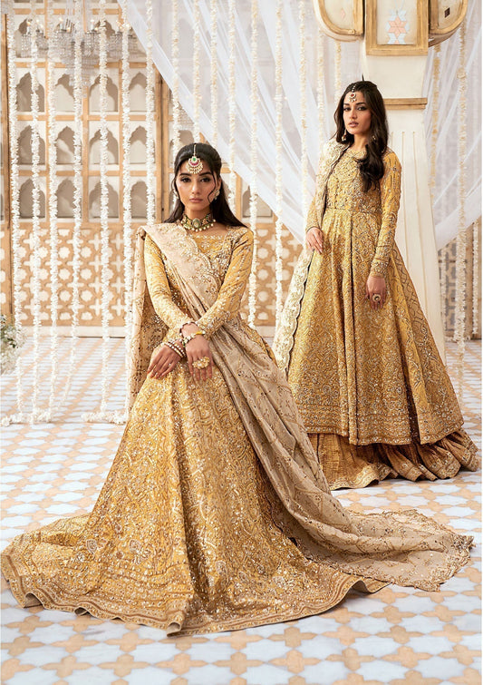 Aik Atelier Wedding Festive 24 LOOK 09 – Gold Designer Dress with intricate embroidery and embellishments. Shop wedding dresses at Maria Faisal.