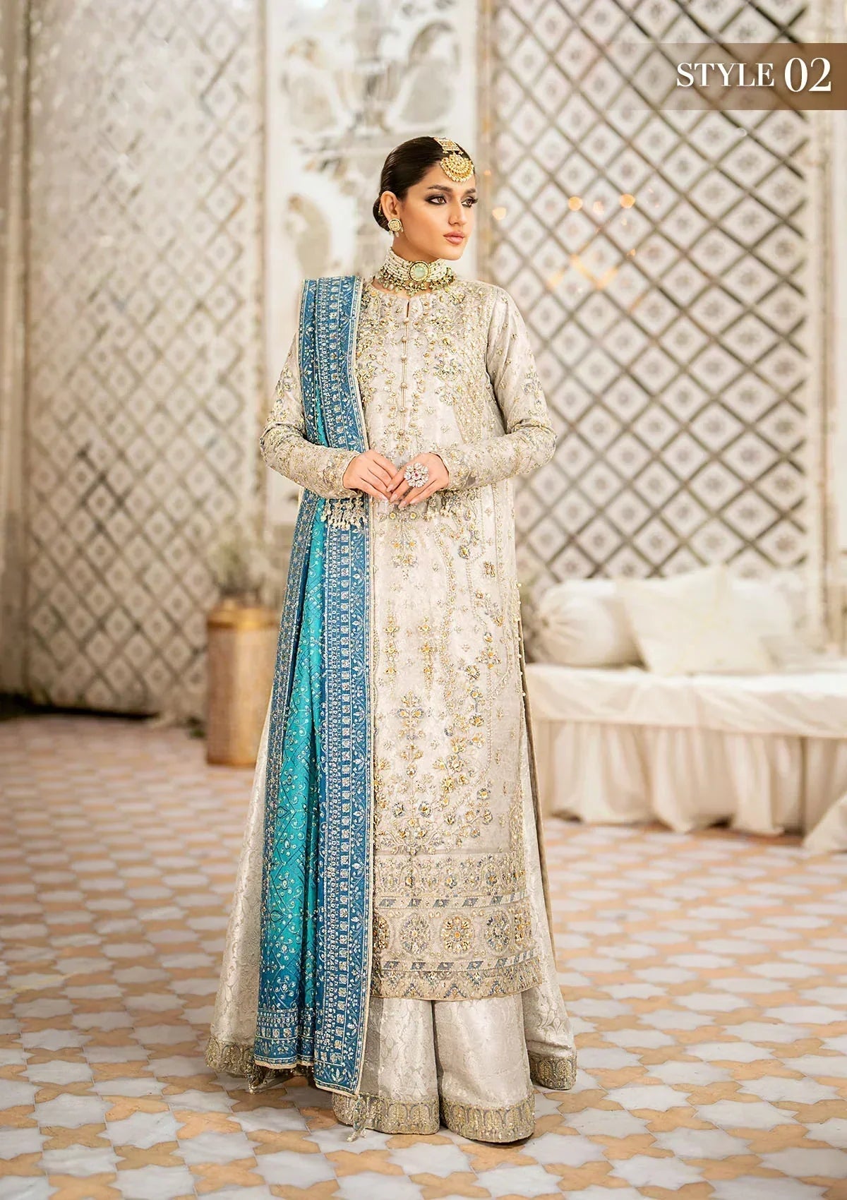 Aik Atelier Wedding Festive 24 LOOK 10 – Light Grey Designer Dress with intricate embroidery and embellishments. Shop wedding dresses at Maria Faisal.