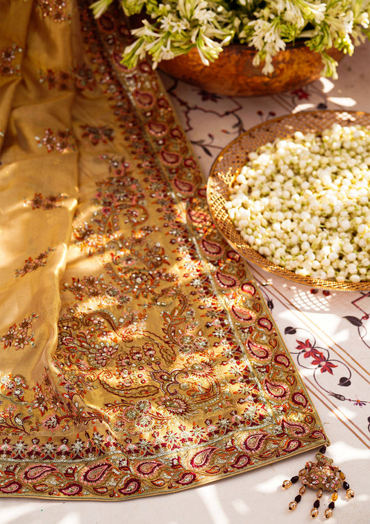 Aik Atelier | Wedding Festive 24 | INDIAN GOLD TISSUE SHAWL - Designer Dress with Intricate embroidery and embellishments. Shop elegent wedding dress at Maria Faisal.
