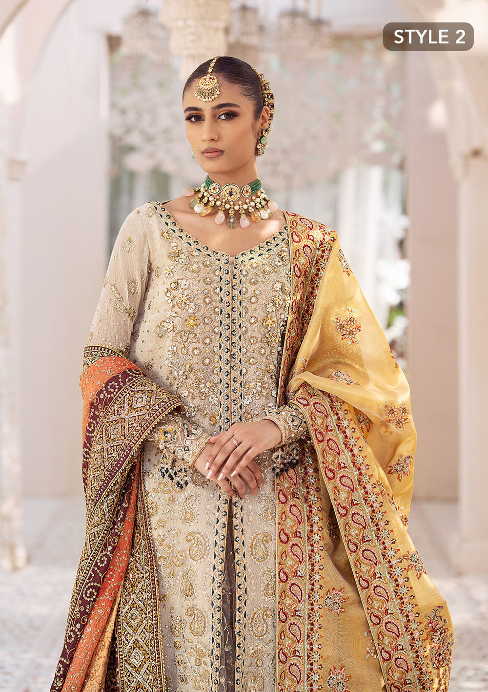 Aik Atelier Wedding Festive 24 Vol 2 LOOK 1– Off White Pakistani Dress with intricate embroidery and embellishments. Shop elegant Asian dresses at Maria Faisal.
