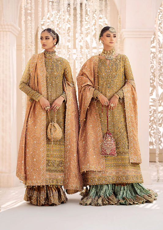 Aik Atelier Wedding Festive 24 Vol 2 LOOK 01 – Indian Gold Pakistani Dress with intricate embroidery and embellishments. Shop elegant Asian dresses at Maria Faisal.